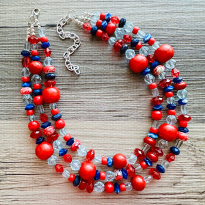 Blue & Red Chunky Statement Necklace, Americana necklace, beaded necklace, Rhinestone thick statement jewelry royal bright shiny Texas