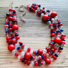 Load image into Gallery viewer, Blue &amp; Red Chunky Statement Necklace, Americana necklace, beaded necklace, Rhinestone thick statement jewelry royal bright shiny Texas