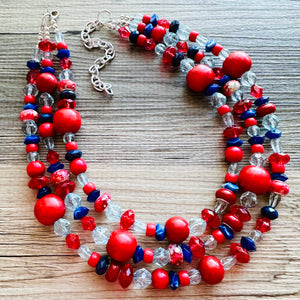 Blue & Red Chunky Statement Necklace, Americana necklace, beaded necklace, Rhinestone thick statement jewelry royal bright shiny Texas