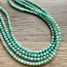 Load image into Gallery viewer, Genuine Green Amazonite Statement Necklace, Chunky 4 Strand Jewelry, silver necklace, thick collar beaded bib glass metal aqua mint gemstone