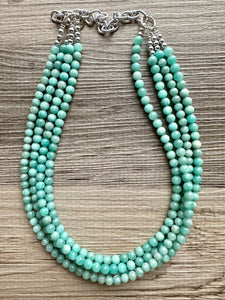 Genuine Green Amazonite Statement Necklace, Chunky 4 Strand Jewelry, silver necklace, thick collar beaded bib glass metal aqua mint gemstone