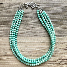 Load image into Gallery viewer, Genuine Green Amazonite Statement Necklace, Chunky 4 Strand Jewelry, silver necklace, thick collar beaded bib glass metal aqua mint gemstone