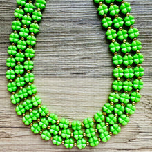 Load image into Gallery viewer, Saint Patricks Green Chunky Statement Necklace &amp; Stretch Bracelet set 3 Strand Beaded Kelly green jewelry bridesmaid earrings gold st pattys