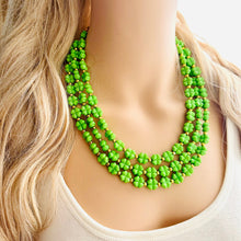 Load image into Gallery viewer, Saint Patricks Green Chunky Statement Necklace &amp; Stretch Bracelet set 3 Strand Beaded Kelly green jewelry bridesmaid earrings gold st pattys