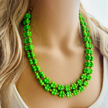 Load image into Gallery viewer, Saint Patricks Green Chunky Statement Necklace &amp; Stretch Bracelet set 2 Strand Beaded Kelly green jewelry bridesmaid earrings gold st pattys