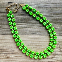 Load image into Gallery viewer, Saint Patricks Green Chunky Statement Necklace &amp; Stretch Bracelet set 2 Strand Beaded Kelly green jewelry bridesmaid earrings gold st pattys