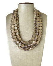 Load image into Gallery viewer, Gold Etched Purple Hologram Statement 5 Strand statement necklace, pretty big beaded chunky jewelry, golden shiny metallic jewelry necklace