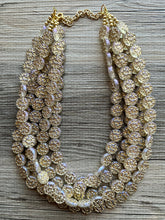 Load image into Gallery viewer, Gold Etched Purple Hologram Statement 5 Strand statement necklace, pretty big beaded chunky jewelry, golden shiny metallic jewelry necklace