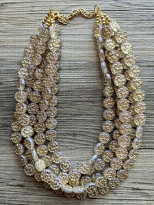 Gold Etched Purple Hologram Statement 5 Strand statement necklace, pretty big beaded chunky jewelry, golden shiny metallic jewelry necklace