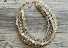 Load image into Gallery viewer, Gold Etched Purple Hologram Statement 5 Strand statement necklace, pretty big beaded chunky jewelry, golden shiny metallic jewelry necklace
