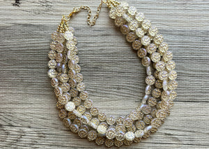 Gold Etched Purple Hologram Statement 5 Strand statement necklace, pretty big beaded chunky jewelry, golden shiny metallic jewelry necklace