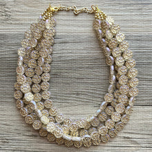 Load image into Gallery viewer, Gold Etched Purple Hologram Statement 5 Strand statement necklace, pretty big beaded chunky jewelry, golden shiny metallic jewelry necklace