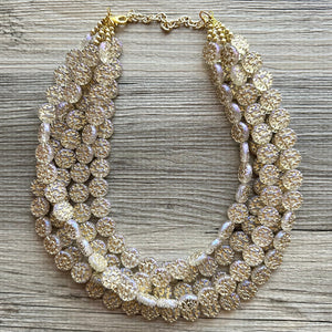 Gold Etched Purple Hologram Statement 5 Strand statement necklace, pretty big beaded chunky jewelry, golden shiny metallic jewelry necklace