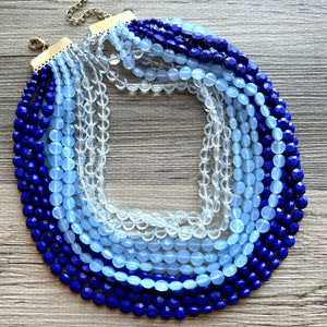 Vintage 11 Strand Blue Ombre Beaded Necklace jewelry, beaded chunky statement necklace, light aqua bridesmaid necklace, bridal jewelry thick