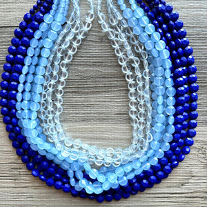 Vintage 11 Strand Blue Ombre Beaded Necklace jewelry, beaded chunky statement necklace, light aqua bridesmaid necklace, bridal jewelry thick