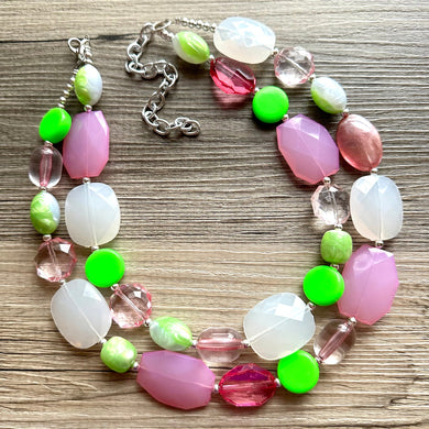 Watermelon Salt Necklace, Pink & Green Chunky Statement Necklace, green pink beaded necklace jewelry, multi color strand bib chunky