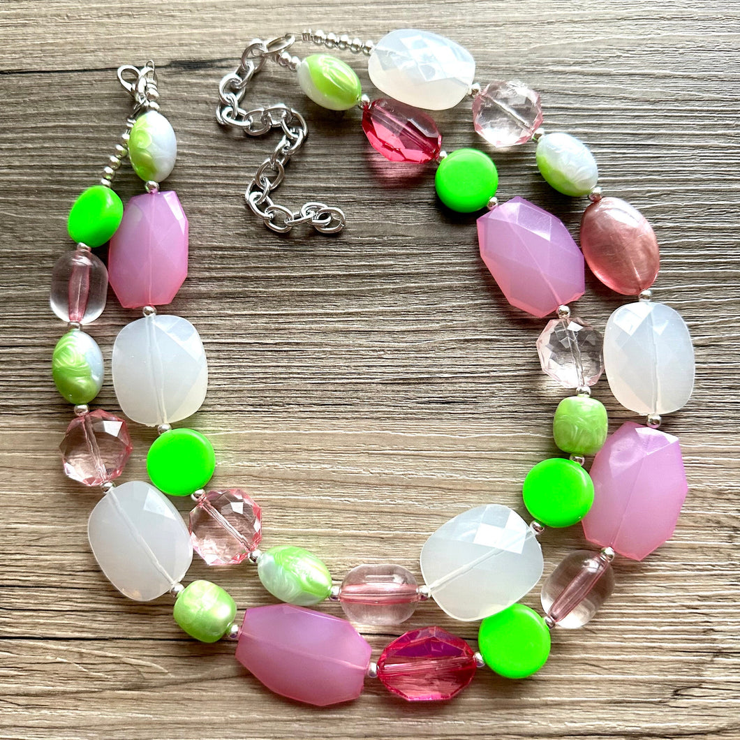 Watermelon Salt Necklace, Pink & Green Chunky Statement Necklace, green pink beaded necklace jewelry, multi color strand bib chunky