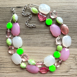 Watermelon Salt Necklace, Pink & Green Chunky Statement Necklace, green pink beaded necklace jewelry, multi color strand bib chunky