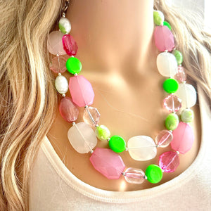 Watermelon Salt Necklace, Pink & Green Chunky Statement Necklace, green pink beaded necklace jewelry, multi color strand bib chunky