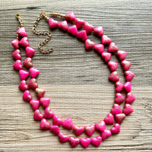 Load image into Gallery viewer, Golden Heart Flutter Necklace, multi strand colorful jewelry, chunky statement necklace, gold red pink Saint Valentines Day February