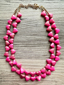 Golden Heart Flutter Necklace, multi strand colorful jewelry, chunky statement necklace, gold red pink Saint Valentines Day February
