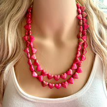 Load image into Gallery viewer, Golden Heart Flutter Necklace, multi strand colorful jewelry, chunky statement necklace, gold red pink Saint Valentines Day February