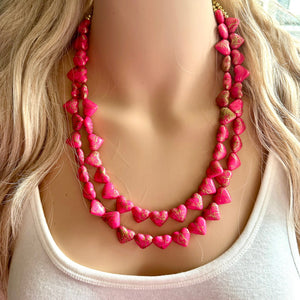 Golden Heart Flutter Necklace, multi strand colorful jewelry, chunky statement necklace, gold red pink Saint Valentines Day February