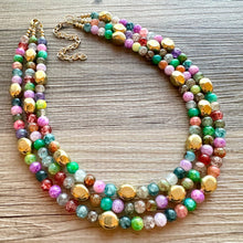 Load image into Gallery viewer, Golden Rainbow Tie Dye Beaded Necklace, Colorful Jewelry, Chunky statement necklace, big beaded rainbow jewelry baby