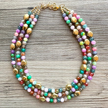 Load image into Gallery viewer, Golden Rainbow Tie Dye Beaded Necklace, Colorful Jewelry, Chunky statement necklace, big beaded rainbow jewelry baby