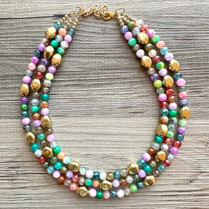 Golden Rainbow Tie Dye Beaded Necklace, Colorful Jewelry, Chunky statement necklace, big beaded rainbow jewelry baby