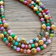 Load image into Gallery viewer, Golden Rainbow Tie Dye Beaded Necklace, Colorful Jewelry, Chunky statement necklace, big beaded rainbow jewelry baby