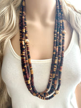 Load image into Gallery viewer, Vintage Long Earth Goddess Geometric Necklace, multi Strand Statement Jewelry, everyday wood Heishi tan champagne bone