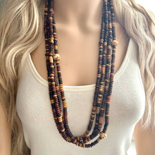 Load image into Gallery viewer, Vintage Long Earth Goddess Geometric Necklace, multi Strand Statement Jewelry, everyday wood Heishi tan champagne bone