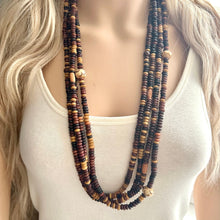 Load image into Gallery viewer, Vintage Long Earth Goddess Geometric Necklace, multi Strand Statement Jewelry, everyday wood Heishi tan champagne bone