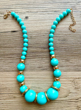 Load image into Gallery viewer, Long Turquoise chunky statement necklace, blue green jewelry, beaded gold long necklace, beaded chunky chain layering necklace golden