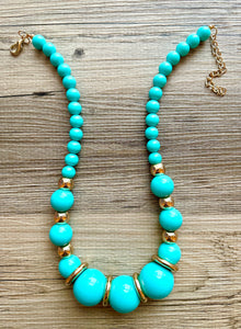 Long Turquoise chunky statement necklace, blue green jewelry, beaded gold long necklace, beaded chunky chain layering necklace golden