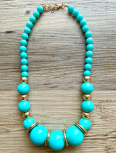 Load image into Gallery viewer, Long Turquoise chunky statement necklace, blue green jewelry, beaded gold long necklace, beaded chunky chain layering necklace golden