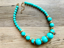 Load image into Gallery viewer, Long Turquoise chunky statement necklace, blue green jewelry, beaded gold long necklace, beaded chunky chain layering necklace golden