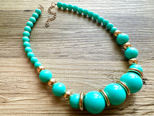 Load image into Gallery viewer, Long Turquoise chunky statement necklace, blue green jewelry, beaded gold long necklace, beaded chunky chain layering necklace golden