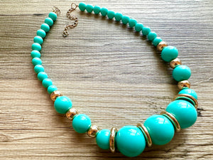 Long Turquoise chunky statement necklace, blue green jewelry, beaded gold long necklace, beaded chunky chain layering necklace golden