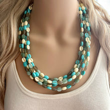 Load image into Gallery viewer, Make Waves 5 Strand statement necklace, turquoise beaded chunky jewelry, gold metallic jewelry necklace jade gray cream white beans
