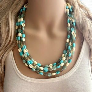 Make Waves 5 Strand statement necklace, turquoise beaded chunky jewelry, gold metallic jewelry necklace jade gray cream white beans