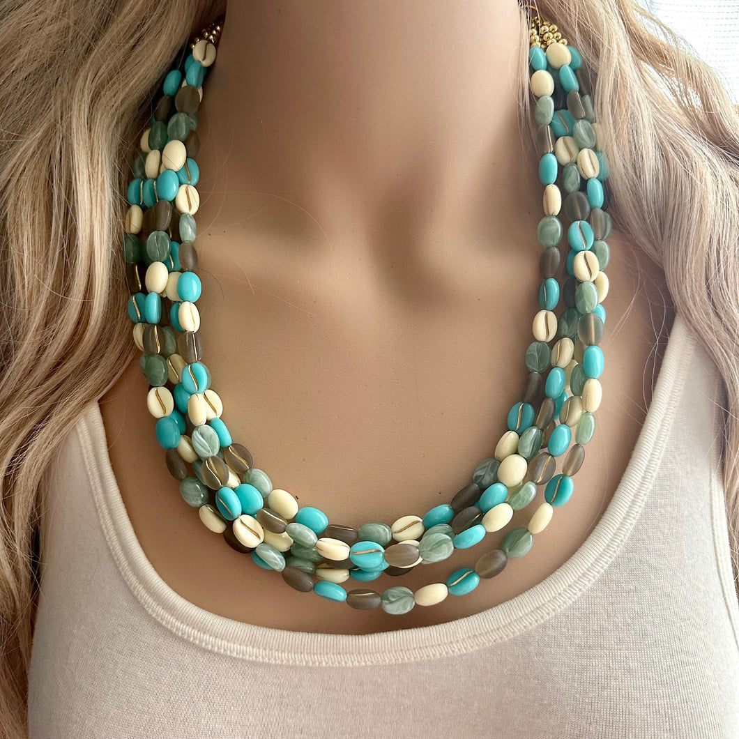 Make Waves 5 Strand statement necklace, turquoise beaded chunky jewelry, gold metallic jewelry necklace jade gray cream white beans