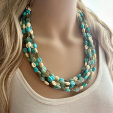 Load image into Gallery viewer, Make Waves 5 Strand statement necklace, turquoise beaded chunky jewelry, gold metallic jewelry necklace jade gray cream white beans