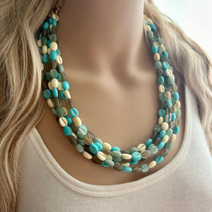 Make Waves 5 Strand statement necklace, turquoise beaded chunky jewelry, gold metallic jewelry necklace jade gray cream white beans