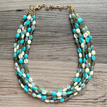 Load image into Gallery viewer, Make Waves 5 Strand statement necklace, turquoise beaded chunky jewelry, gold metallic jewelry necklace jade gray cream white beans