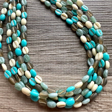 Load image into Gallery viewer, Make Waves 5 Strand statement necklace, turquoise beaded chunky jewelry, gold metallic jewelry necklace jade gray cream white beans
