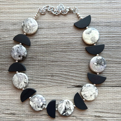 Black & White Silver Chunky Statement Necklace single Strand Beaded jewelry, bridesmaid bib wedding, white bubble necklace resin