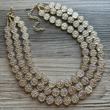 Load image into Gallery viewer, Gold Etched Purple Hologram Statement 3 Strand statement necklace, pretty big beaded chunky jewelry, golden shiny metallic jewelry necklace