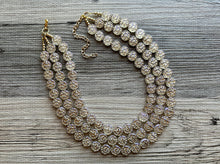 Load image into Gallery viewer, Gold Etched Purple Hologram Statement 3 Strand statement necklace, pretty big beaded chunky jewelry, golden shiny metallic jewelry necklace